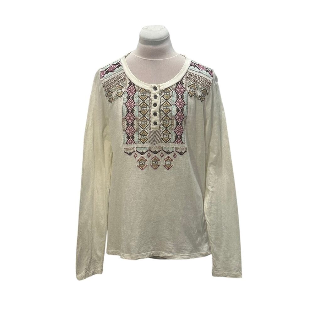 SUNDANCE Cream Embroidered Beaded Henley LARGE Boho Bohemian Western 100% Cotton